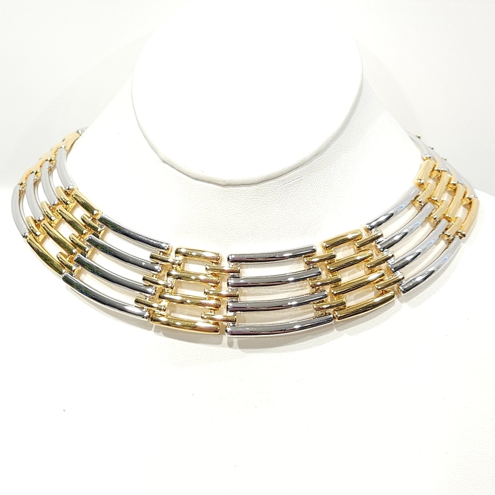 Vintage Givenchy Gold & Silver Two Tone Collar Necklace 14-inch - Picture 2 of 16